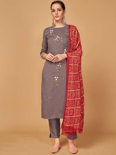 

MONJOLIKA FASHION Women Mauve Ethnic Motifs Embroidered Thread Work Kurta with Trousers & With Dupatta