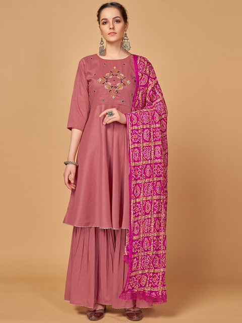 

MONJOLIKA FASHION Women Pink Ethnic Motifs Embroidered Kurta with Sharara & With Dupatta