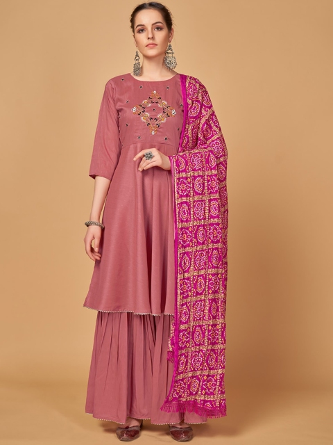 

MONJOLIKA FASHION Women Pink Floral Embroidered Kurta with Sharara & With Dupatta