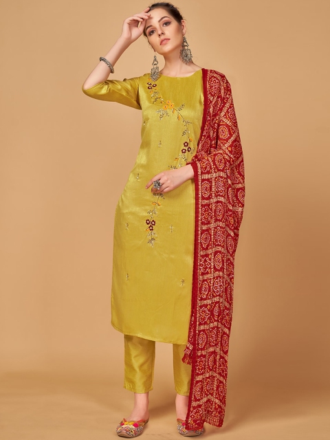 

MONJOLIKA FASHION Women Mustard Yellow Floral Embroidered Kurta with Trousers & With Dupatta