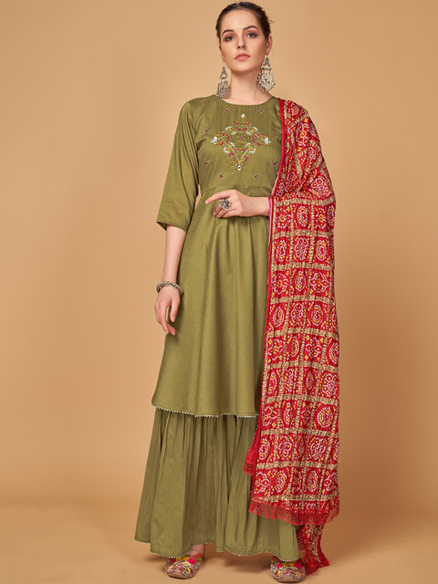 

MONJOLIKA FASHION Women Olive Green Floral Yoke Design Empire Kurti with Sharara & With Dupatta