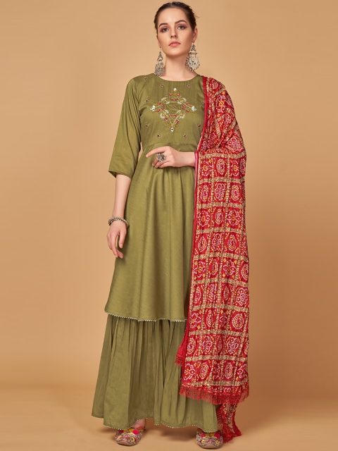 

MONJOLIKA FASHION Women Olive Green Floral Yoke Design Kurta with Sharara & Dupatta