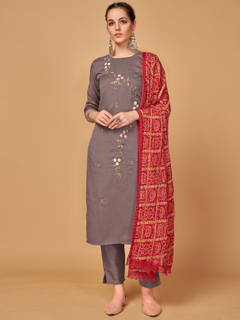 

MONJOLIKA FASHION Women Mauve Ethnic Motifs Embroidered Zardozi Kurta with Trousers & With Dupatta