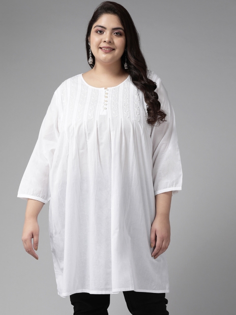 

ADA Plus Size White Floral Embroidered Chikankari Pleated Kurti