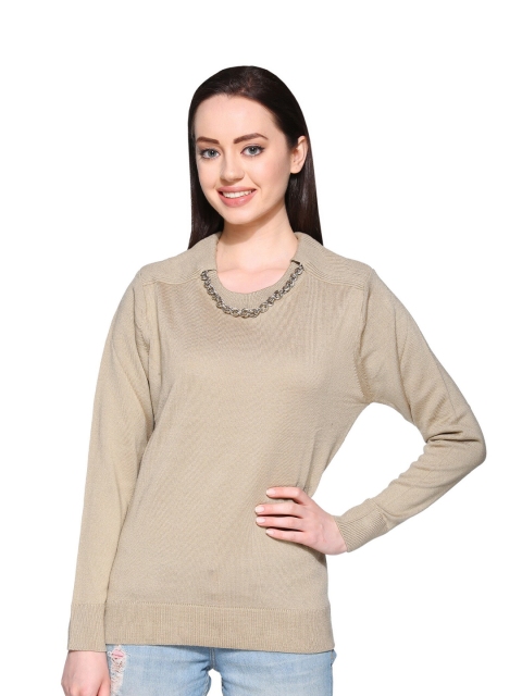

Club York Women Beige Ribbed Pullover with Embellished Detail