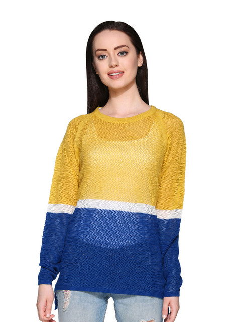 

Club York Women Yellow & Blue Colourblocked Pullover