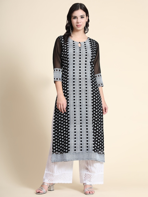 

KALINI Women Black Embroidered Keyhole Neck Chikankari Georgette Kurta