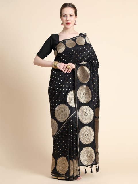 

KALANANDI Women Black & Gold-Toned Woven Design Zari Silk Blend Banarasi Saree