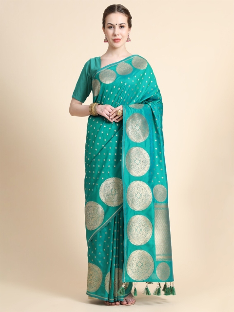 

KALANANDI Sea Green & Silver-Toned Woven Design Zari Banarasi Saree