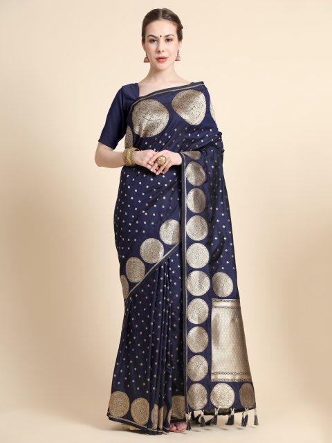 

KALANANDI Navy Blue & Gold-Toned Ethnic Motifs Zari Silk Blend Banarasi Saree