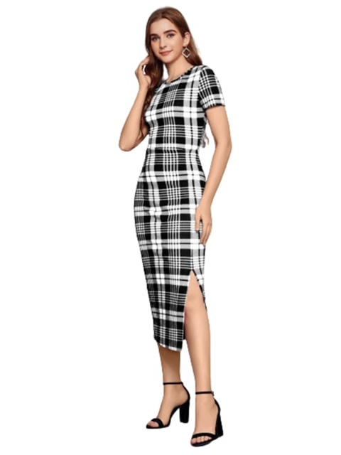 

SWEETPEL White & Black Checked Sheath Midi Dress