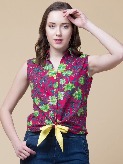 

Hive91 Pink & Green Floral Print Pure Cotton Shirt Style Top