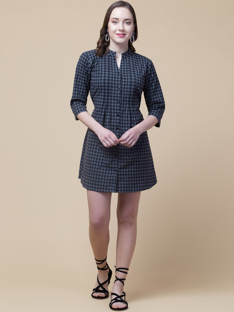 

Hive91 Women Blue & Black Checked Formal A-Line Dress