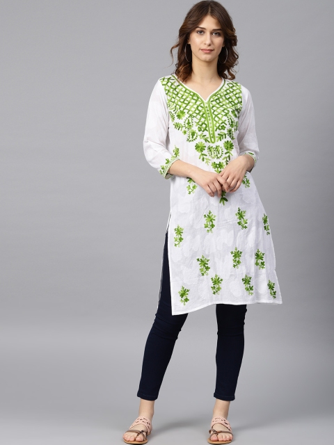 

Saadgi Women White Chikankari Hand Embroidered Straight Kurta