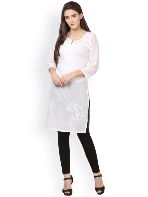 

Saadgi Women White Embroidered Straight Kurta