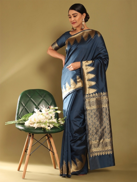 

Glemora Teal & Gold-Toned Woven Design Zari Silk Blend Kanjeevaram Saree