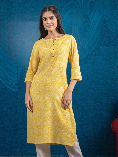 

BEATITUDE Women Yellow & White Ethnic Motifs Printed Pure Cotton Kurta