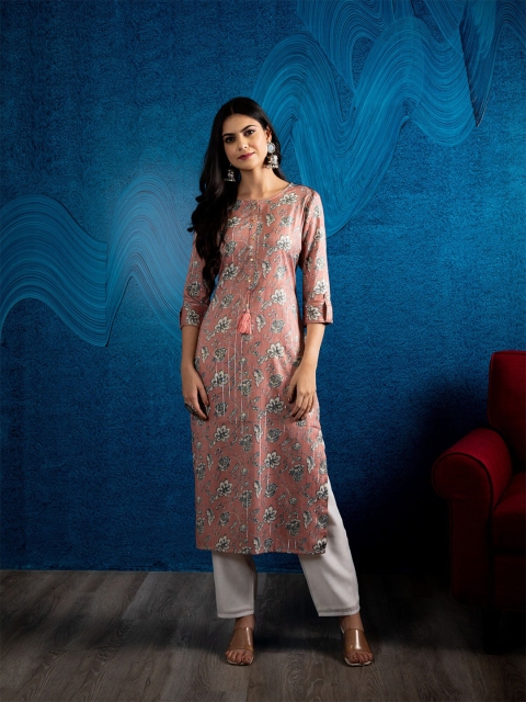 

BEATITUDE Women Rose & Black Floral Printed Kurta
