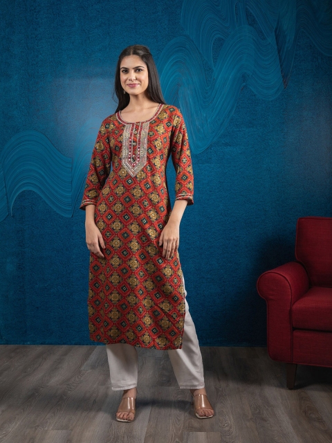

BEATITUDE Women Brown Geometric Printed Kurta