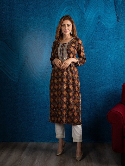 

BEATITUDE Women Black & Brown Embroidered Kurta