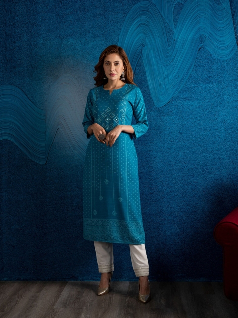 BEATITUDE Women Blue Bandhani Mirror Work Print Kurta