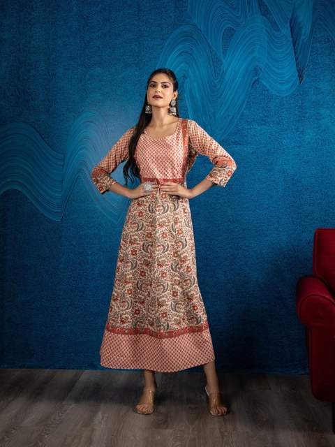 

BEATITUDE Women Beige & Green Floral Printed Floral Anarkali Kurta
