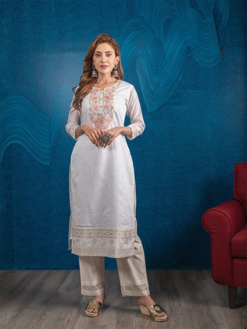 

BEATITUDE Women White Floral Embroidered Thread Work Chanderi Silk Kurta