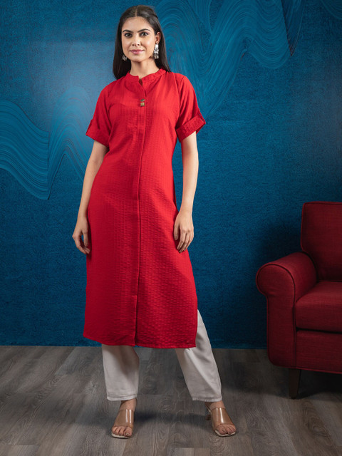 

BEATITUDE Women Red Striped A-Line Kurta