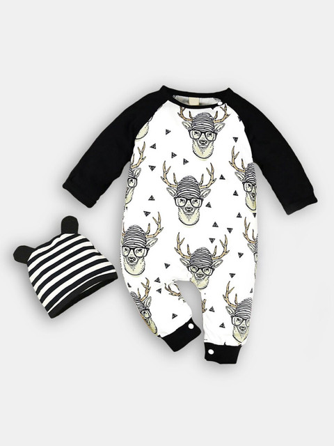 

Hopscotch Boys White & Black Printed Cotton Romper