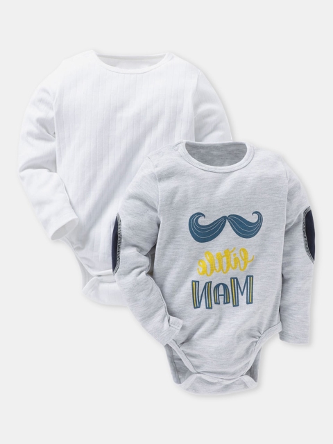 

Hopscotch Boys Pack Of 2 White &Grey Pure Cotton Printed Full-Sleeve Rompers