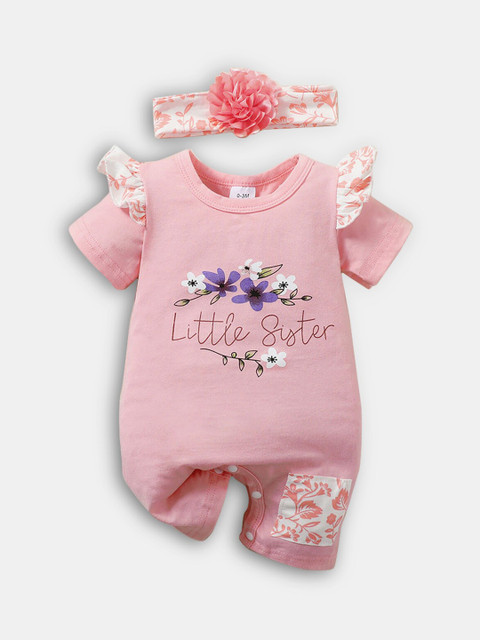 

Hopscotch Infant Girls Pink Text Printed Cotton Romper With Headband