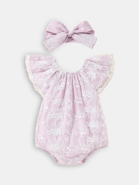 

Hopscotch Girls Purple & White Floral Embroidered Romper With Headband