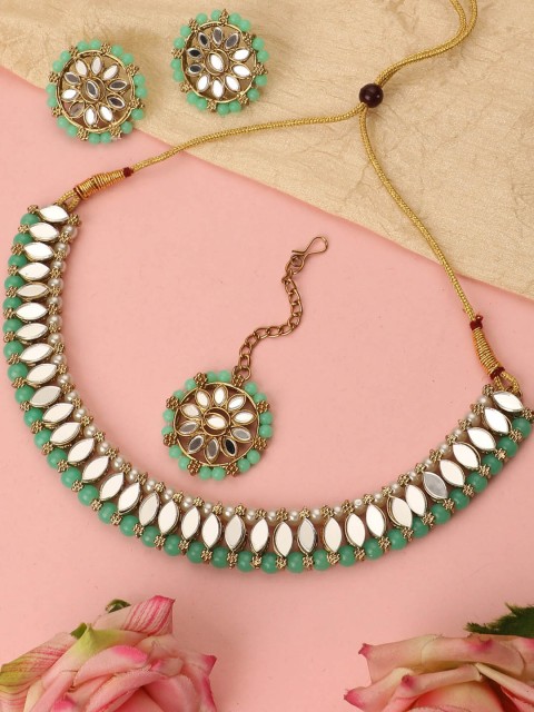 

ZaffreCollections Gold-Plated Sea Green & White Crystal-Studded & Beaded Jewellery Set