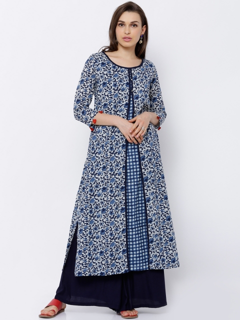 

Vishudh Women White & Blue Printed A-Line Kurta