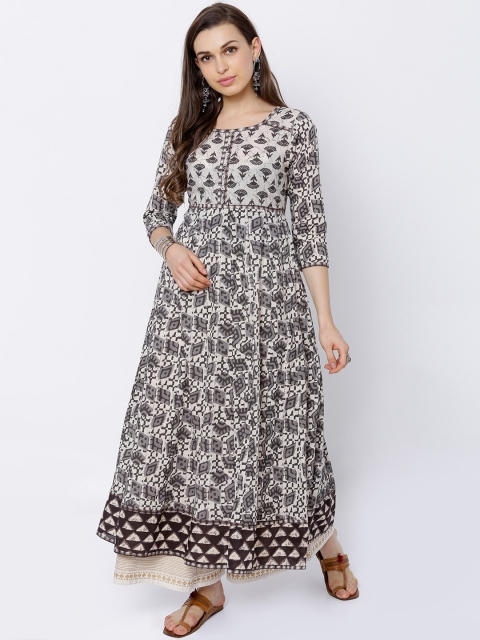 

Vishudh Women White & Taupe Printed Anarkali Kurta