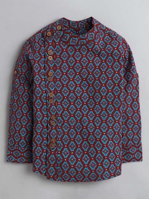 

Hopscotch Boys Brown Mandarin Collar All-Over Printed Casual Shirt