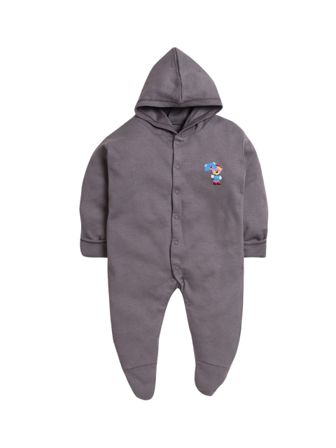 

Hopscotch Kids Charcoal Grey Solid Hooded Rompers