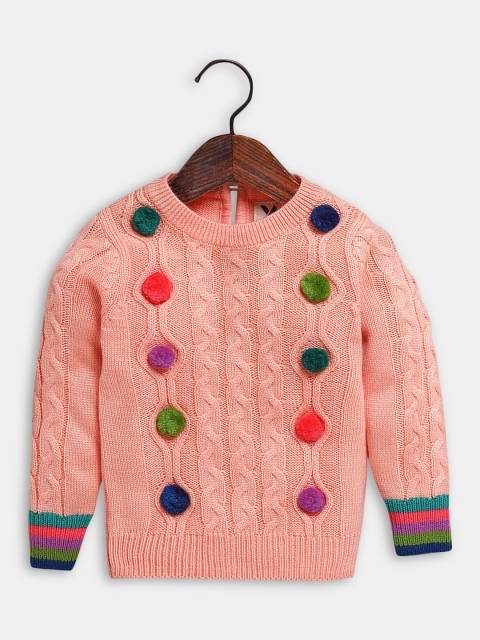 

Hopscotch Girls Peach-Coloured & Green Cable Knit Pullover with Applique Detail