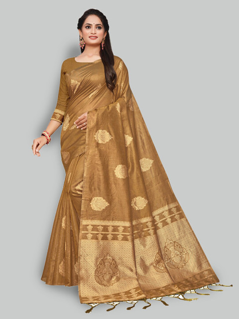 

AYKA CLOTHINGS Rust & Gold-Toned Ethnic Motifs Zari Silk Cotton Banarasi Saree