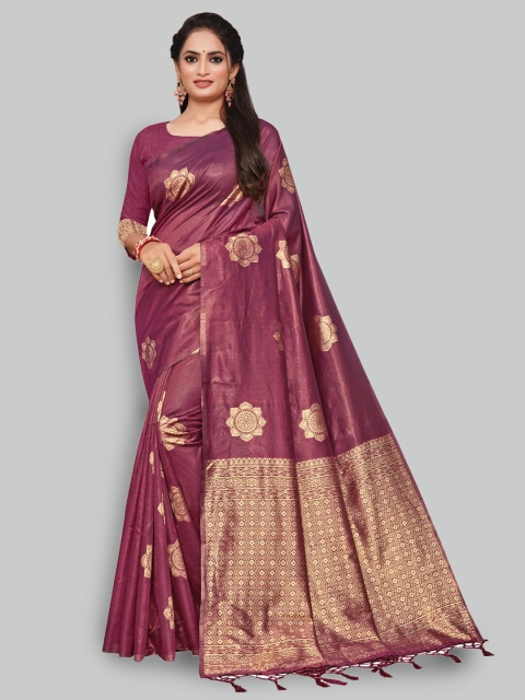 

AYKA CLOTHINGS Maroon & Gold-Toned Ethnic Motifs Zari Silk Cotton Banarasi Saree