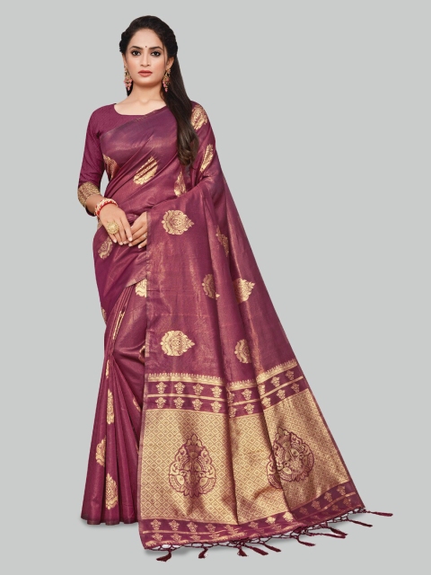 

AYKA CLOTHINGS Maroon & Gold-Toned Ethnic Motifs Zari Silk Cotton Banarasi Saree