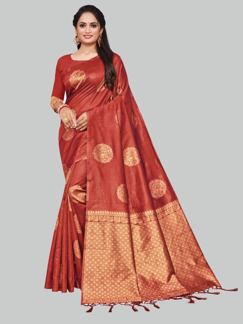 

AYKA CLOTHINGS Red & Gold-Toned Ethnic Motifs Zari Banarasi Saree