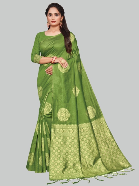 

AYKA CLOTHINGS Green & Gold-Toned Woven Design Zari Silk Cotton Banarasi Saree