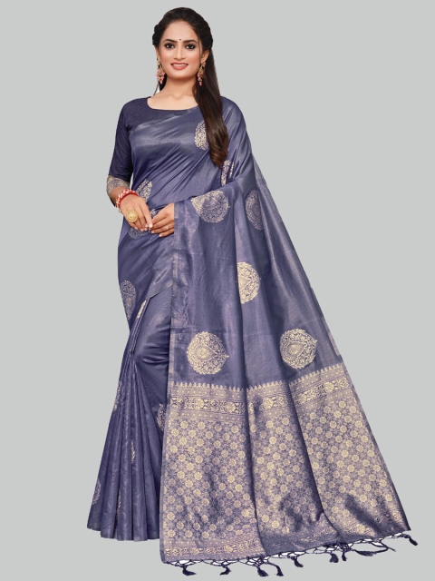 

AYKA CLOTHINGS Purple & Gold-Toned Ethnic Motifs Zari Silk Cotton Banarasi Saree