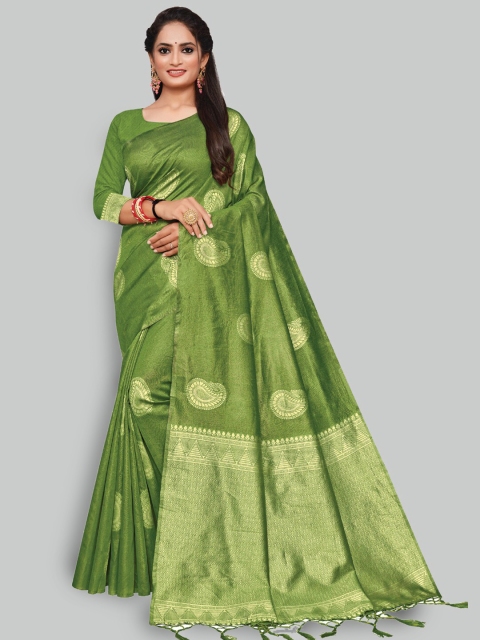 

AYKA CLOTHINGS Green & Gold-Toned Ethnic Motifs Zari Silk Cotton Banarasi Saree