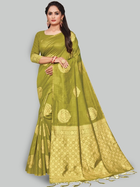 

AYKA CLOTHINGS Green & Gold-Toned Ethnic Motifs Zari Silk Cotton Banarasi Saree