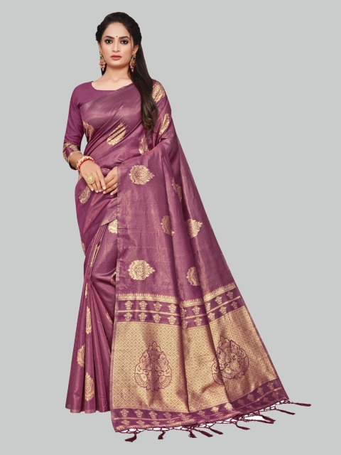 

AYKA CLOTHINGS Pink & Gold-Toned Ethnic Motifs Zari Silk Cotton Banarasi Saree