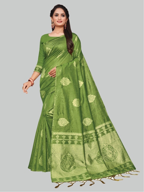 

AYKA CLOTHINGS Green & Gold-Toned Woven Design Zari Silk Cotton Banarasi Saree