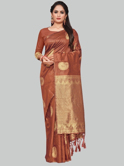 

AYKA CLOTHINGS Rust & Gold-Toned Paisley Woven Design Zari Silk Cotton Banarasi Saree