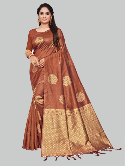 

AYKA CLOTHINGS Maroon & Gold-Toned Ethnic Motifs Zari Silk Cotton Banarasi Saree